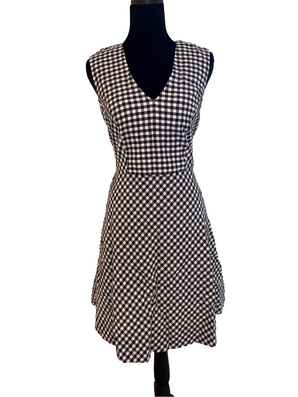 Draper James Navy Gingham Fit & Flare Dress – Sleeveless V-Neck, Size 6